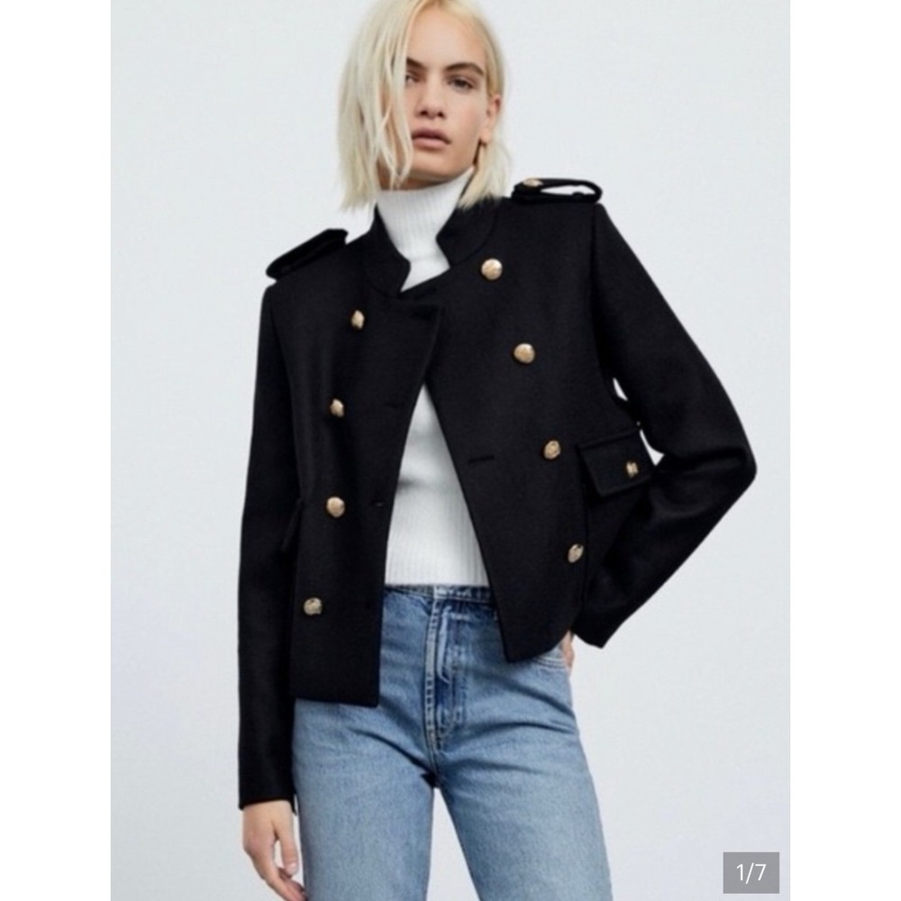 Zara Black Wool Blend Military Cropped Jacket Gold Crest Buttons Regency Royal